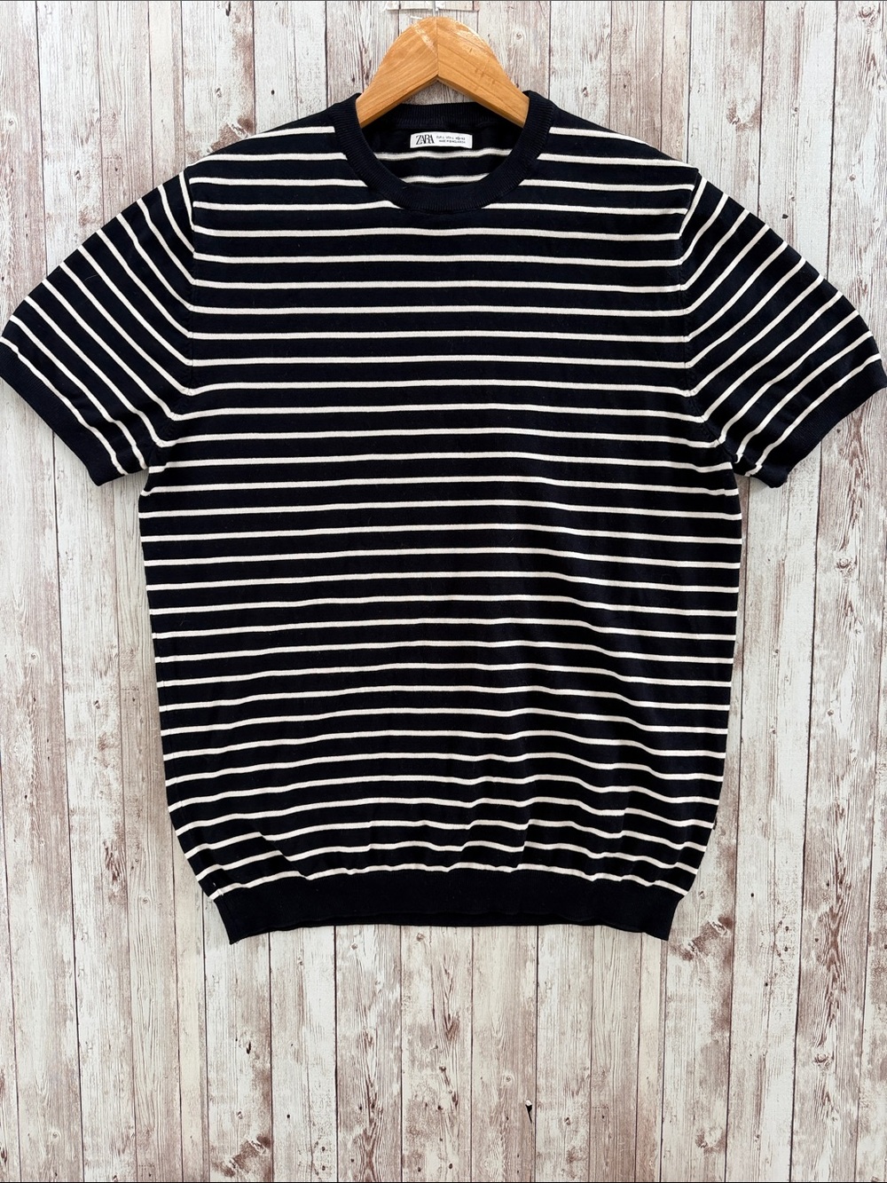 Zara Men's Viscose Blend Knit T-Shirt sz Large Slim Fit Navy White Stripes Crew